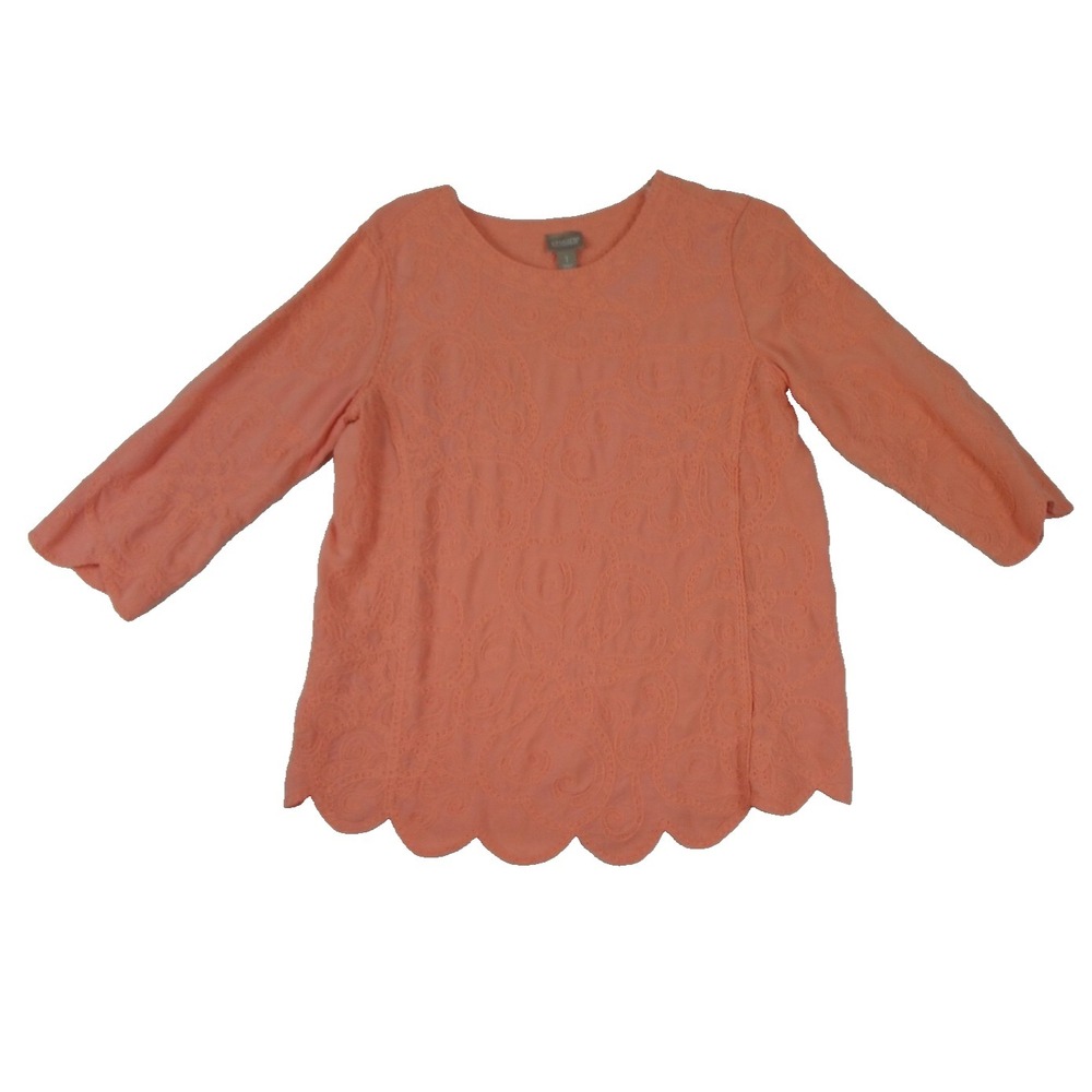 Chico' Women Coral Orange Embroidered Scalloped Hem 3/4 Sleeve Blouse Top Size 1
